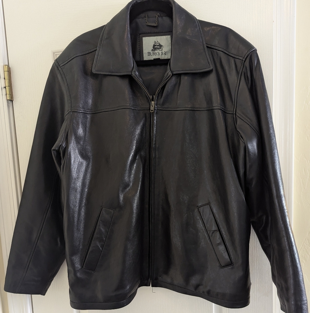 Black leather jacket. Burks Bay. Men's Med/Woman's Lg Excellent condition.